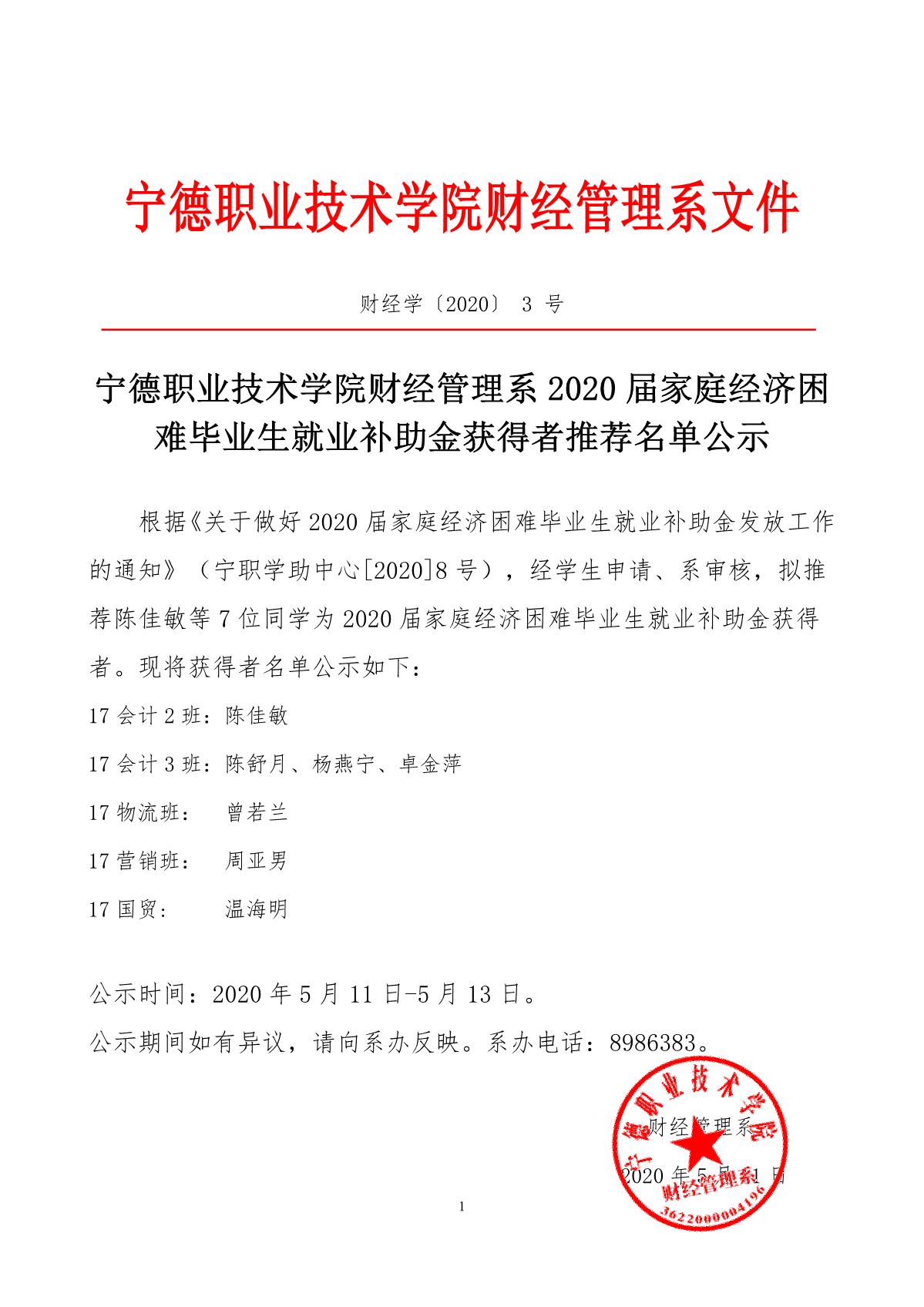 就业补助金获得者推荐名单公示(财经管理系)_1.JPG